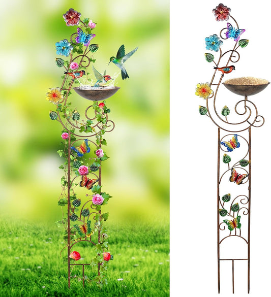 57” Bird Bath with Garden Trellis for Climbing Plants Outdoor, Small Decorative Metal Birdbath Bird Baths, Butterfly (Butterfly)