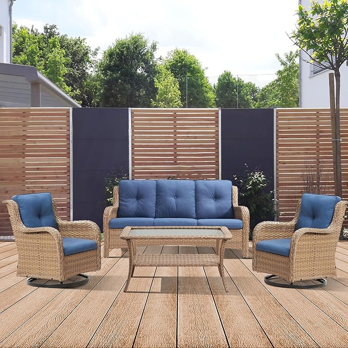 4 Piece Patio Furniture-All-Weather PE Wicker Outdoor Patio Furniture with Swivel Rocker Chairs,Outdoor Couch, Set with Coffee Table-Yellow/Blue