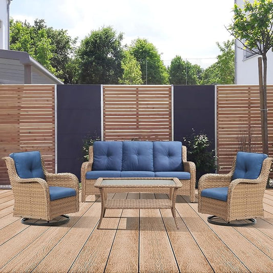 4 Piece Patio Furniture-All-Weather PE Wicker Outdoor Patio Furniture with Swivel Rocker Chairs,Outdoor Couch, Set with Coffee Table-Yellow/Blue