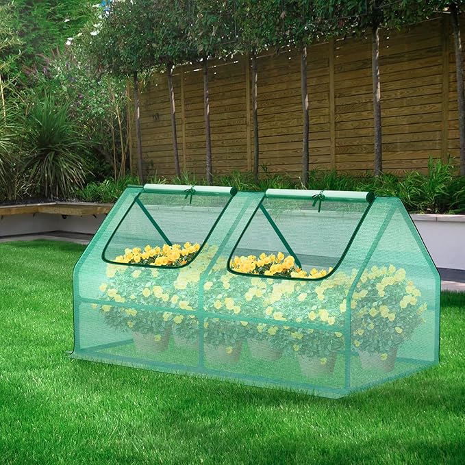 BPS 4x2x2 ft Mini Greenhouse with Green PE Cover UV-Protected Roll-Up Zipper Windows, Ideal for Indoor or Outdoor Use on Raised Garden Beds