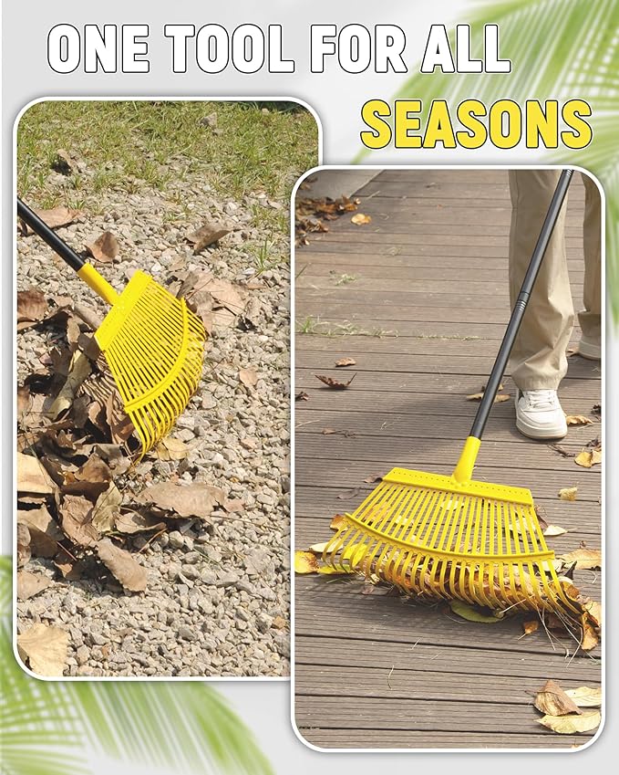 Garden Leaf Rake, 18” Wide Metal Rake with 25 Teeth, 62" Adjustable Long Handle, Heavy Duty Lawn Yard Tool for Leaves, Grass, Shrubs, Debris, Pine Needles, Garden Cleanup Tools for Backyard