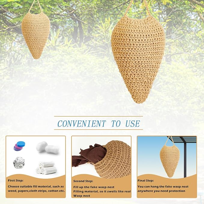 3 Pack Large Crochet Wasp Nest Decoys, Faux Wasp Nest Deterrent for Outdoor Hanging for Wasps Hornets, Hornets Nest Decoy Decoration for Patio and Eaves, Beige