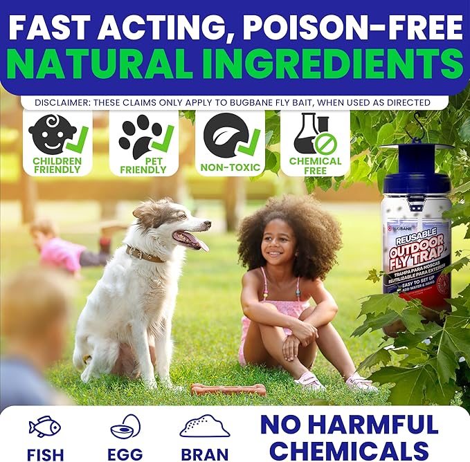 2 Fly Traps Outdoor Fly Trap for Patio with 4 Non-Toxic Dissolvable Bait Refills Plus 5 Sticky Ribbons. Reusable Hanging Bug Catcher Killer for All Filth Flies for Outside Bug Control Yard Ranch.