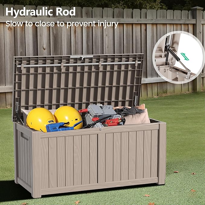 120 Gallon Outdoor Storage Box - Waterproof Resin Deck Box with Stainless Steel Rods - Lockable & UV Resistant Storage Bin for Patio Cushions & Garden Tools - Stylish Grey Design