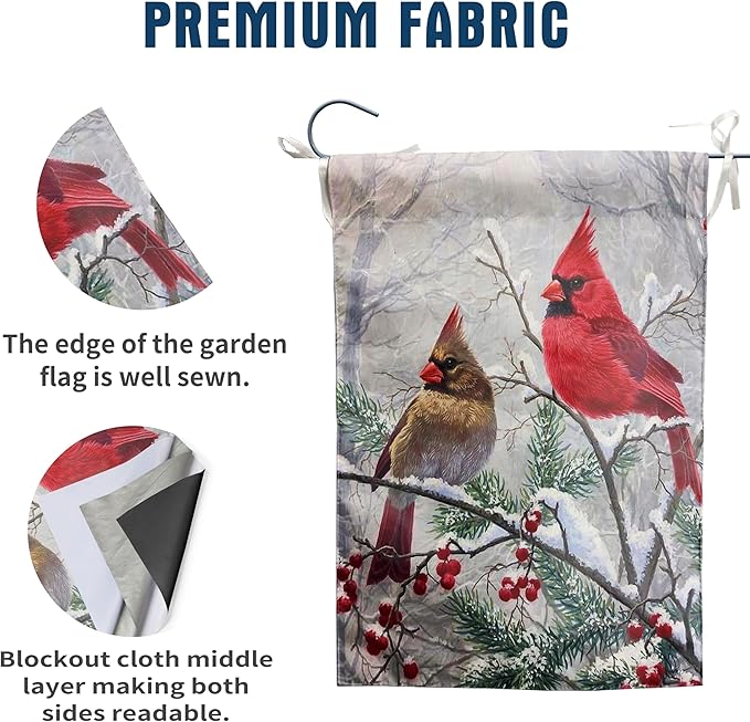 Winter Cardinal Bird Garden Flags Christmas Banners for Outside 12x18 Double Sided Red Birds on Tree Branch Flag Welcome New Year Yard Flag Farmhouse Outdoor Decor