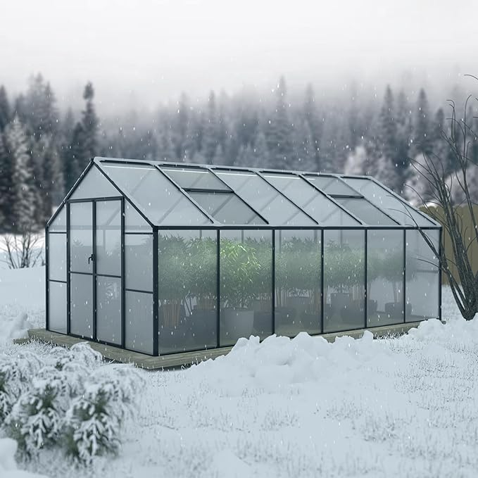BlueWish 8x12FT Greenhouse for Outdoors, Greenhouses with 2 Adjustable Vents,Aluminum Frame, Heavy Duty Greenhouse Kit with Polycarbonate Panel, Walk-in Green House for Garden, Gray