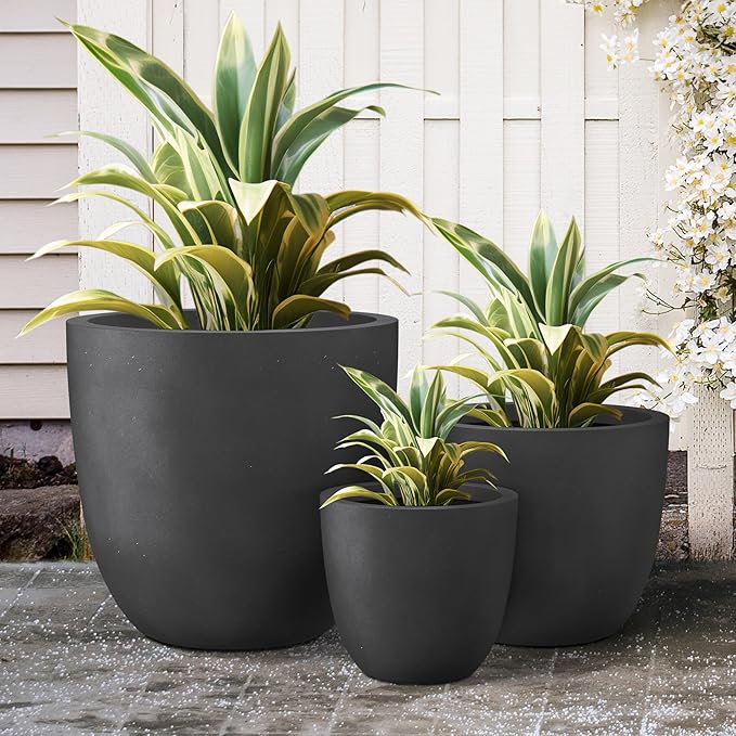 Kante 18",14",10" Dia Concrete Round Planters (Set of 3), Outdoor Indoor Large Planter Pots with Drainage Hole and Rubber Plug for Home Patio Garden, Black