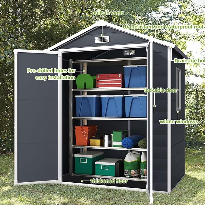 Outdoor Storage Shed 6x4.4FT, Resin Shed Plastic with Floor for Garden Tool,Waterproof Outdoor Resin Storage,Lockable Doors for Patio,Yard,Lawn (Darkgray 6x4)