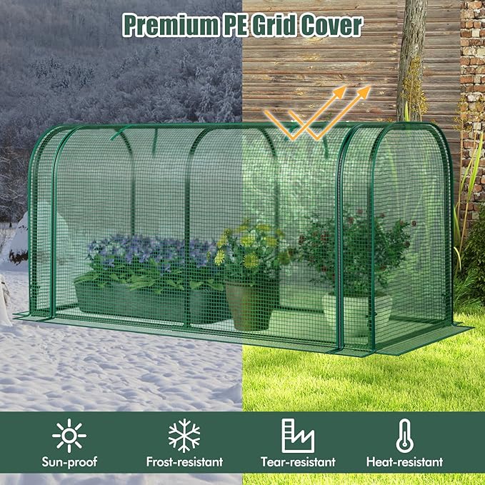 Happygrill Portable Mini Greenhouse, 47" x 22" x 24" Green House w/ Roll-up Zipper Door, Metal Frame, Waterproof Sun-Protective PE Cover, Small Greenhouses for Raised Garden Bed, Outdoor (Green)
