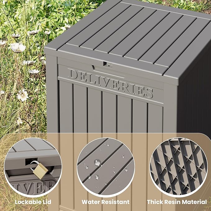 48 Gallon Outdoor Storage Box, Package Delivery Box for Outside with Lockable Secure, Resin Outside Storage Box Waterproof Deck Box for Patio & Pool, Grey