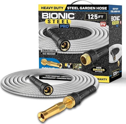 Bionic Steel Pro 125 FT Garden Hose with Nozzle, 304 Stainless Steel Metal Water Hose 125Ft, Flexible Hose, Kink Free, Lightweight & Durable, Crush Resistant Fitting, Easy to Coil, 500PSI- 2025 Model
