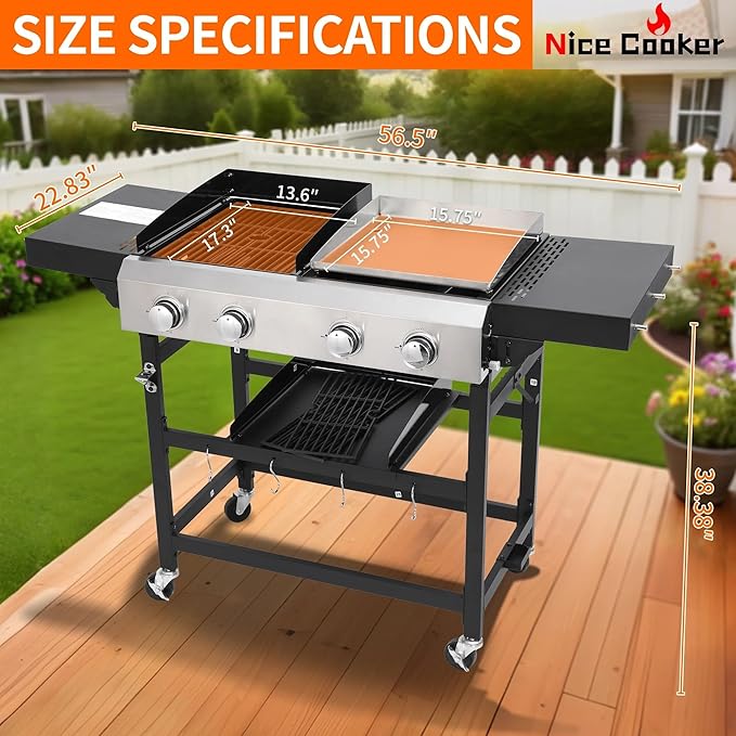 4-Burner Propane Gas Grill and Griddle Combo | 38200BTU Stainless Steel Outdoor BBQ with Side Shelves & Wheels, Cabinet Style Cart (Includes 2 Grill Grates & 2 Flat Top Griddles)
