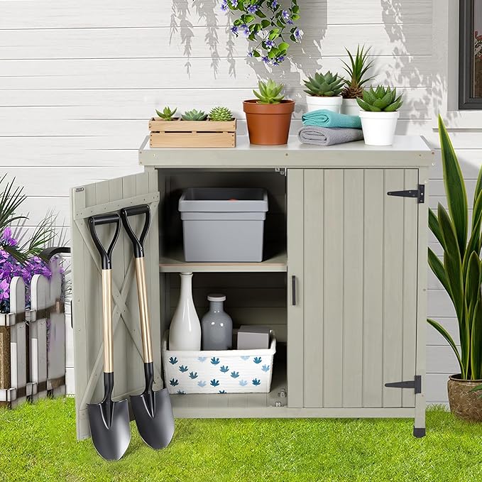 Outdoor Potting Bench with Metal Work Top,Waterproof Garden Storage Cabinet,Wooden Tool Station Shed for Backyard,Patio,Lawn Gardening