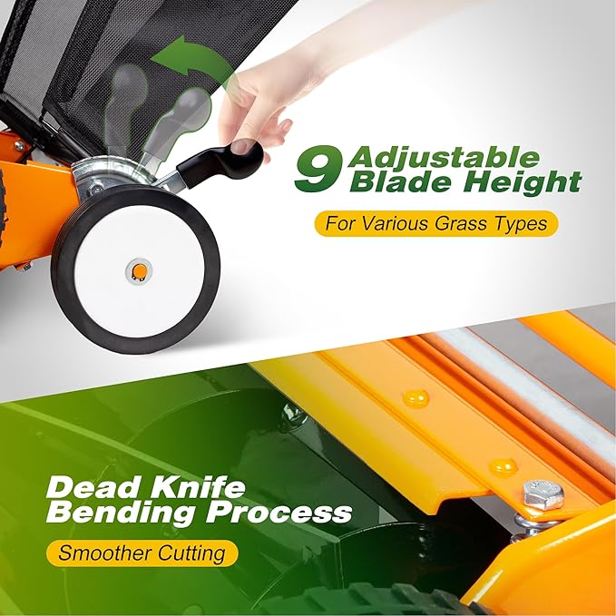 Walensee 18-Inch 5-Blade Push Reel Lawn Mower, Cordless Manual Reel Lawn Mower Walk-Behind Steel Lawn Mowers with Removable 10-Gallon Grass Catcher, Sponge Grip, 9-Position Cutting Height Adjustment