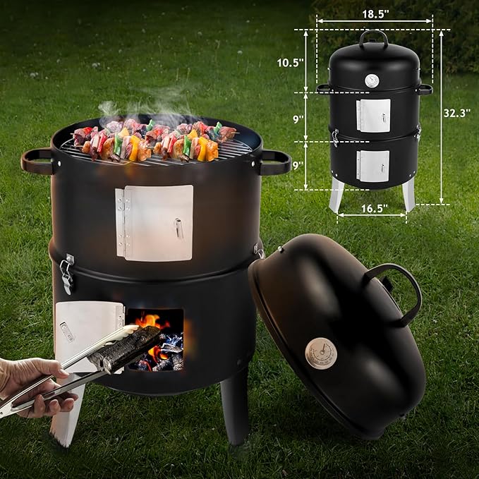 3-in-1 Vertical Charcoal Grill, Outdoor BBQ Charcoal Smoker with Built-in Thermometer, Air Vent, and 2 Access Doors, Perfect for Camping, Picnics, Backyard BBQs, and Tailgating Parties