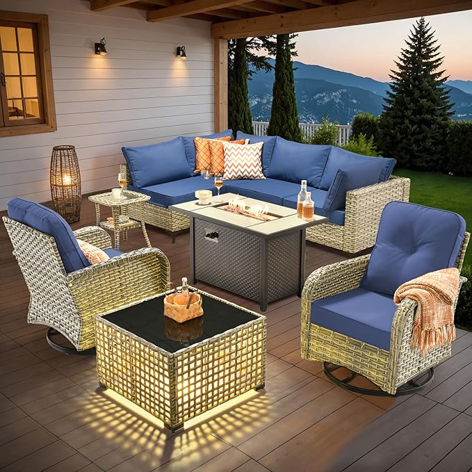 Outdoor Sectional Patio Furniture Set with Swivel Rocking Chairs,9 Pieces Wicker Conversation Sets L Shaped Couch Out Door Sofa Set Outside Furniture for Garden Deck Yard Porch,Navy Blue