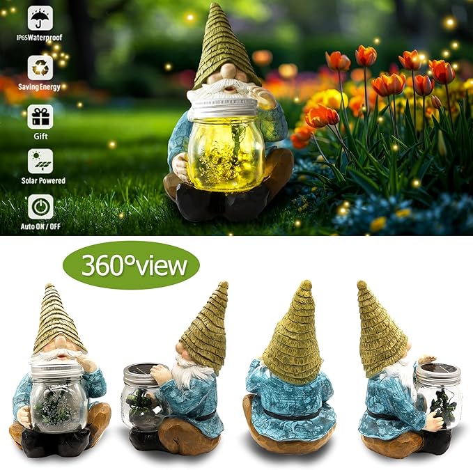 Solar Firefly Jar Gnome Waterproof- Halloween Large Garden Gnome Funny Solar Outdoor LED Lights Resin Statues 10.6" Lantern Figurines Decorations Birthday Gifts for Mom Women-Housewarming Gifts