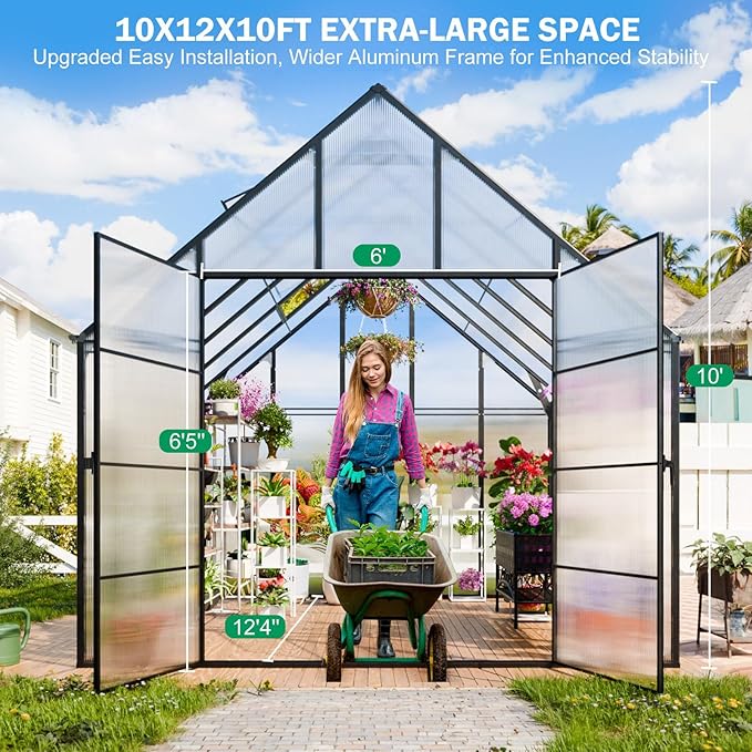 Greenhouse, 10x12 FT Easy Assembly Hybrid Polycarbonate Greenhouses for Outdoors w/2 Vent Windows & Swing Door Walk-in Greenhouses Aluminum Green House for Garden Backyard, Black