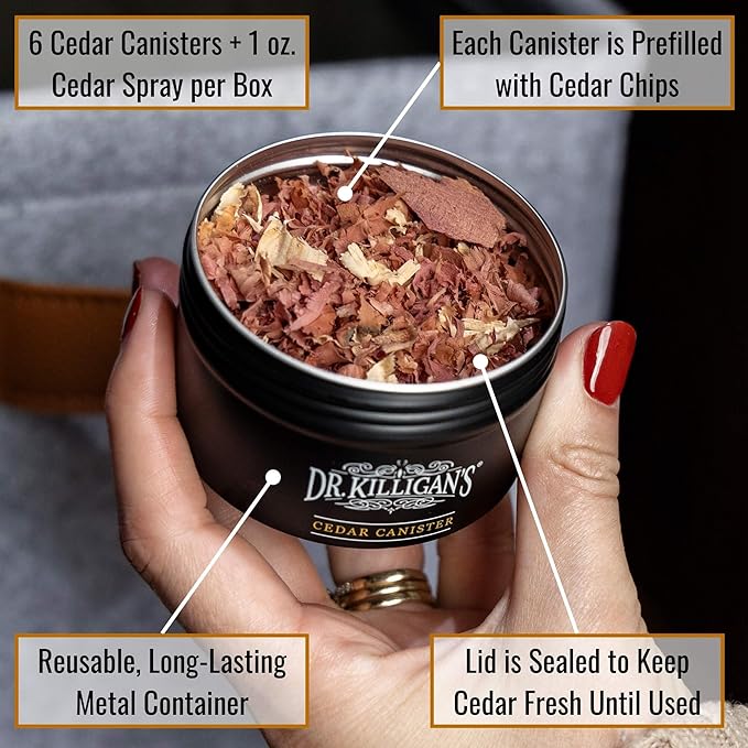 Dr. Killigan's Cedarwood Chip Canisters - Moth Repellent for Closets, Cedar Blocks for Clothes Storage, Drawer Deodorizers, 6 Reusable Tins with Wood Shavings