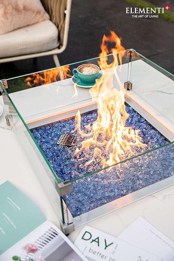 Elementi+ | Bundle Bianco Gas Fire Pit | Marble Porcelain & Metal Frame | 40" Square Fire Table | Electronic Ignition | Canvas Cover, Fire Glass & Burner Lid Included | White | Natural Gas