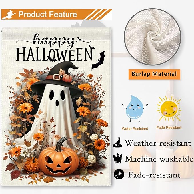 Happy Halloween Garden Flag 12x18 Double Sided Small Burlap Ghost Jack-o'-lantern Bat Yard Outdoor Decorative Flag