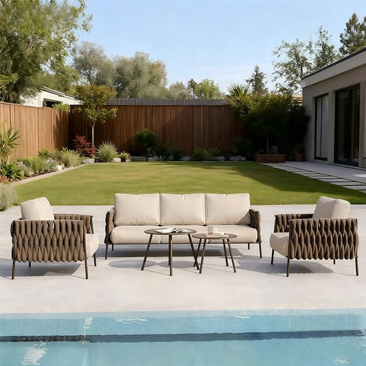 EAST OAK 5-Piece Patio Furniture Set | Life Chatter 5-Seat Outdoor Furniture | Deep Seating & Two Coffee Tables | Waterproof Extra-Thick Cushions | Porch, Balcony & Backyard | Apricot