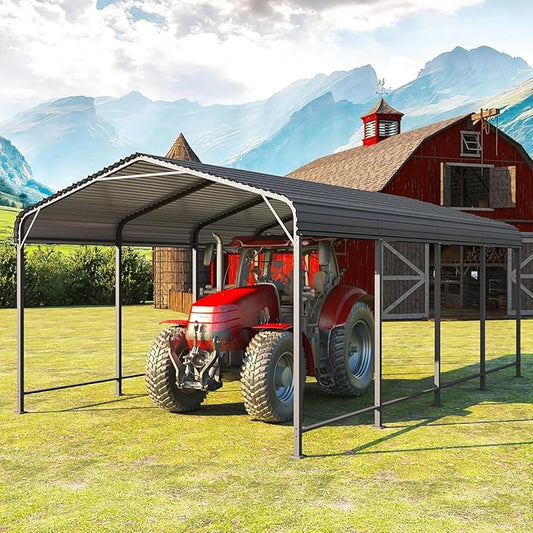 12x20FT Metal Carport, Heavy Duty Carport Canopy with Reinforced Frame and Base for All-Weather, Outdoor Garage Car Port for Pickup Trucks, Boats, Tractors or Party