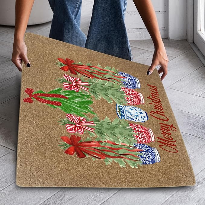 Red White and Blue Chinoiserie Faux Christmas Coir Door Mats Outdoor, Merry Christmas Door Mat for Outside Entryway, Xmas Tree Welcome Doormat for Indoor Outdoor Porch Entrance, 17x30 Inch