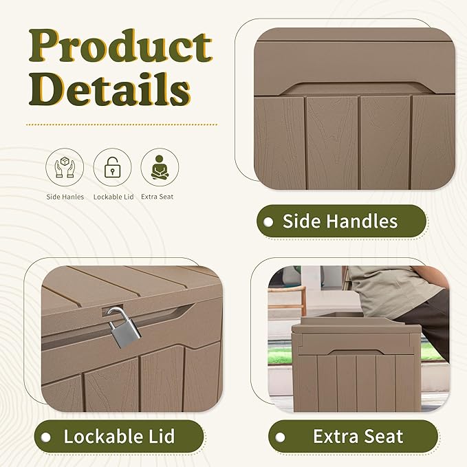 Devoko 31 Gallon Waterproof Outdoor Storage Box Resin Deck Box Lockable and UV Resistant for Patio Furniture,Garden Tools (Light Brown)