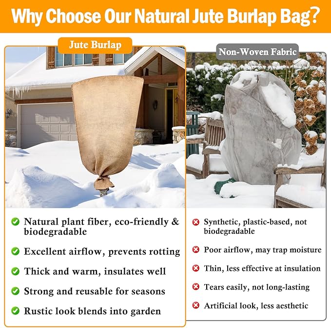 Legigo 3 Pack 32 X 40 Inch Burlap Plant Covers Freeze Protection Bags, Winter Plant Frost Covers with Drawstring, Reusable Tree Covers Burlap Frost Cloths Protection for Outdoor Plants Shrubs Fruit