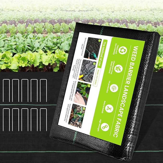 Weed Barrier Fabric, 3x50ft Landscape Fabric, 4oz Heavy Duty Durable Woven Geotextile Fabric, High Permeability Ground Cover Mat, Driveway Fabric, Garden Weed Control Cloth with 10 U-Securing Pegs