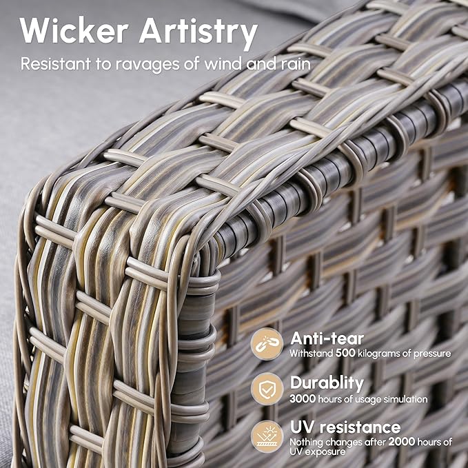 4 Pieces Patio Outdoor Furniture Set,All Weather Wicker Rattan Patio Seating Sofa and Chair Set w/ 3-Seater Sofa and Glowing Coffee Table,Outdoor Conversation Sets for Deck Yard Garden,Grey