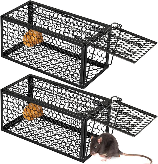 Qualirey 2 Pcs Humane Rat Trap Chipmunk Rodent Mouse Squirrel Trap Small Live Animal Mouse Voles Hamsters Live Cage Rat Mouse Cage for Mice Easy to Catch and Release (Black)