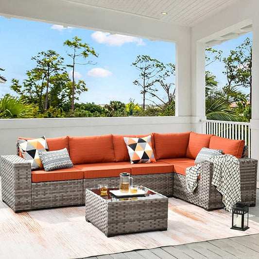 HOOOWOOO Modular Patio Outdoor Sectional Furniture Set,6 Piece Wicker Conversation Sofa Set,Out Door Couch Set with Wide Arm for Outside All Weather(Orange Red)