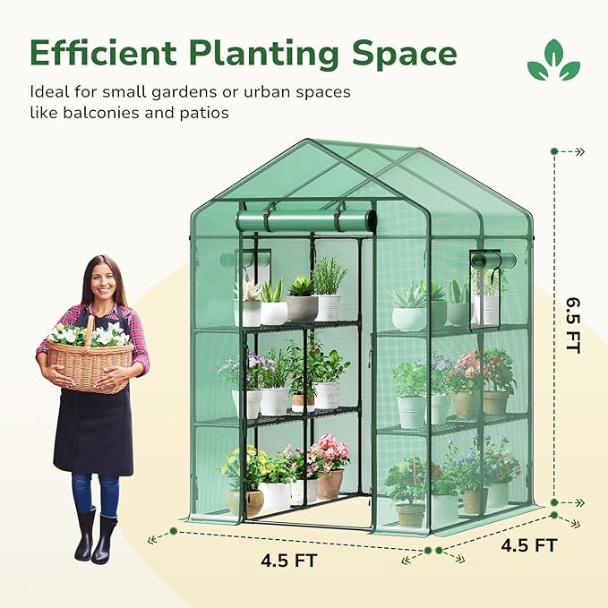 GreatBuddy Walk-in Greenhouse for Outdoors, High-Density PE Plant Cover with 2 Tiers of 8 Shelves, 4.5x4.5x6.5ft, Perfect for Plant Growing, 4 Ropes and Stakes Included