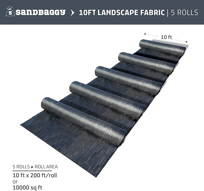 Sandbaggy 10 ft x 200 ft Landscape Fabric | 40 Year Fabric | for Weed Barrier, Ground Cover, Garden | Industrial Grade | 135 Lbs of Tensile | UV Protected | DOT Approved (5 Rolls - 10 ft x 200 ft)