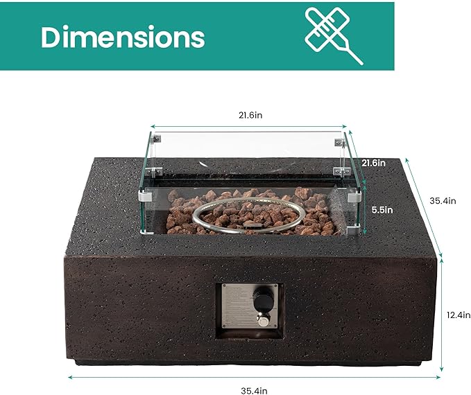 SUNBURY Outdoor Propane Gas Fire Pit Table, 35 Inch Square Outdoor Firepit Table, 50000 BTU Fire Table for Patio Set, Brown