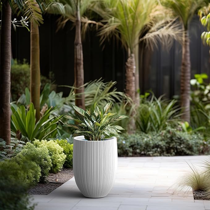 Kante Round Fluted Concrete Planter, 16.9-Inch Dia Barrel-Style Pot with Drainage Hole, White Finish with Aqua Blue Interior, 13.7" Opening, for Indoor and Outdoor Use