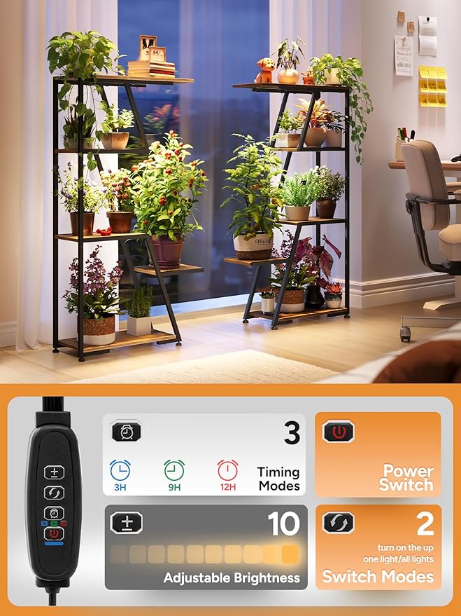 Plant Stand Indoor with Grow Lights: 5 Tier Small Corner Shelf Metal Tower Lighted Black Modern Display Rack for Living Room Bedroom Office