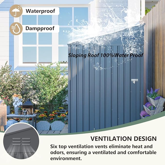 4x7 FT Lean-to Metal Storage Shed with Single Lockable Side Door, Sloping Roof Galvanized Steel Outdoor Tool Shed for Garden, Patio & Backyard Storage