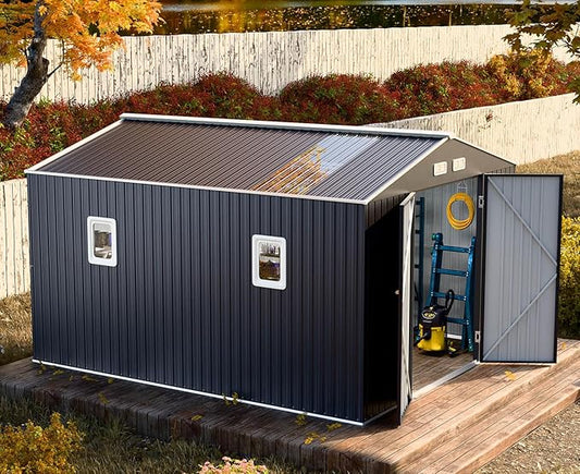Restland 10x10 FT Outdoor Storage Shed Reinforced Frame Metal Shed with Clear Roof, Air Vent & Lockable Door Large Garden Tool Storage Sheds for Backyard, Garden, Lawn
