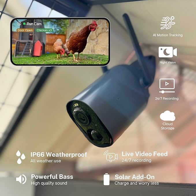 Coop Smart WiFi Chicken Camera – iOS Only, 1080p HD, Night Vision, AI Predator Alerts, Battery + Solar Option, Outdoor Waterproof Security Cam Monitoring & Egg Watch