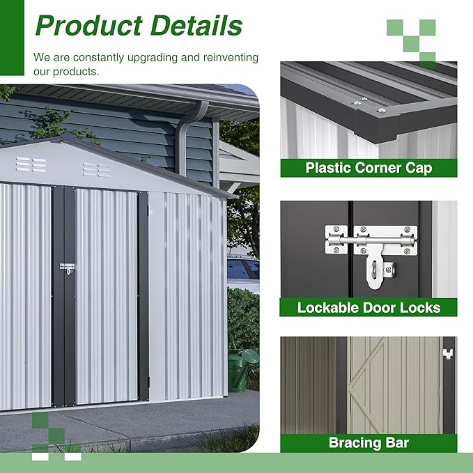 Outdoor Storage Shed, 10X8 FT Galvanized Steel Metal Shed, Lockable Waterproof Tool Storage Sheds for Garden, Patio, Lawn – Durable Storage Solution in Multiple Sizes