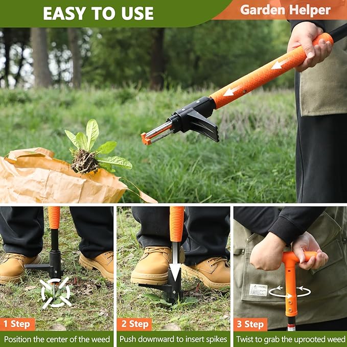 SHANTRA Weed Puller Tool, 3-Claw Stand Up Weed Puller Tool with Long Handle, Garden Weeder Puller Heavy Duty Stand Up Weeder, Weeding Tool for Lawn, Yard, Garden, Crabgrass, Dandelion Picker