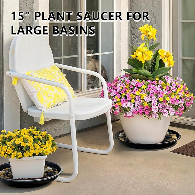 6 Pack 15-Inch Extra Large Black Plant Saucer Trays, Heavy Duty PP Plastic Saucers for Big Flower Pots, Durable Planter Water Catcher Dishes & Strong Garden Patio Drip Trays