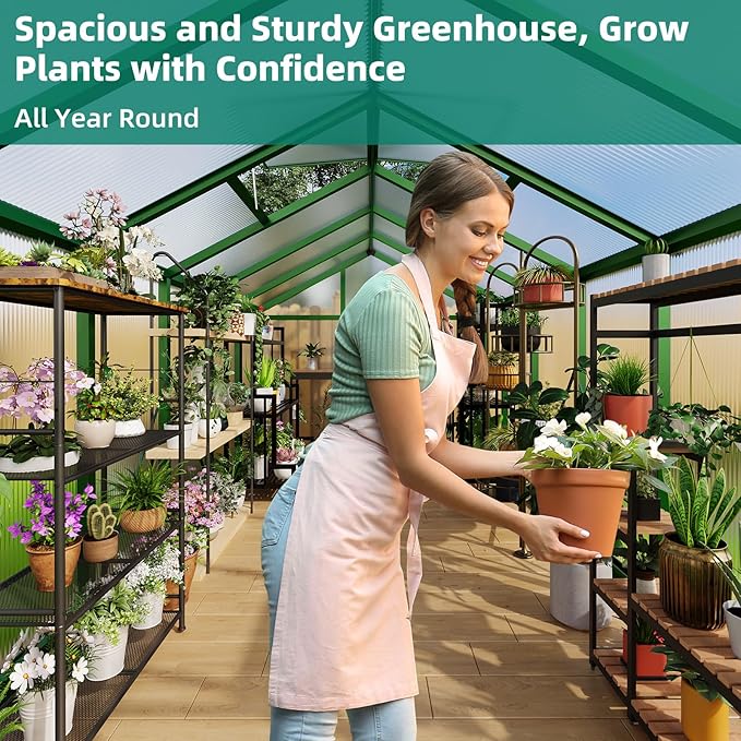 8x12 FT Greenhouse for Outdoors, Large Aluminum Greenhouses with Roof Vent and Quick Setup Structure, Greenhouse Heavy Duty with PC Panels, Walk-in Green Houses for Winter Garden,Backyard,Patio,Lawn