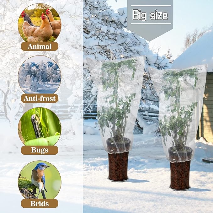 ANPHSIN 6 Pcs Winter Plant Film Cover with Drawstring - 35.4" x 59" Plastic Plant Cover Freeze Protection Transparent Waterproof Plant Shelter Bag for Outdoors Garden Plants Shrubs Sapling Crops