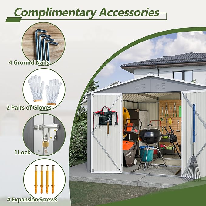 10×10 FT Outdoor Storage Shed,Metal Aluminum Waterproof Tool Sheds with Foundation,Doors & Vents,Heavy-Duty Sheds Unit W/Lock & Key,for Storing Bicycles,Lawnmowers,Barbeques,Gray
