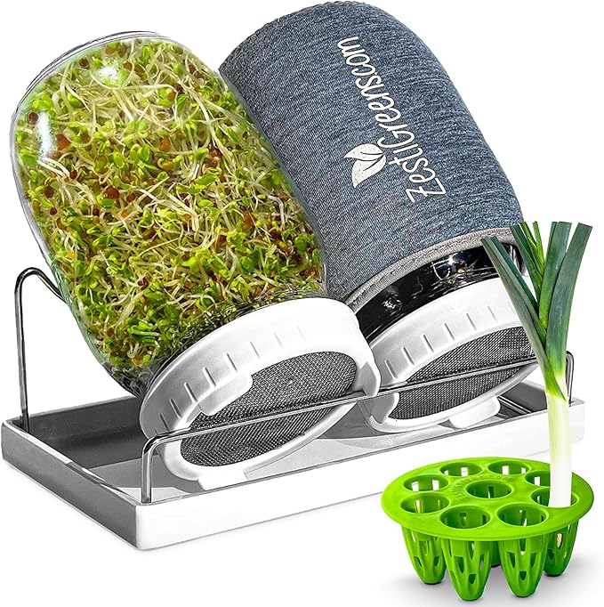 Premium Sprouts Growing Kit & Green Onion Regrower with 2 Mason Jars & Superior Sprout lids. Perfect Sprouter Set for Growing Broccoli, Alfalfa & Beans.