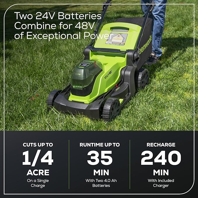 Greenworks 48V (2 x 24V) 17" Cordless (Push) Lawn Mower (125+ Compatible Tools), (2) 4.0Ah Batteries and Dual Port Rapid Charger Included